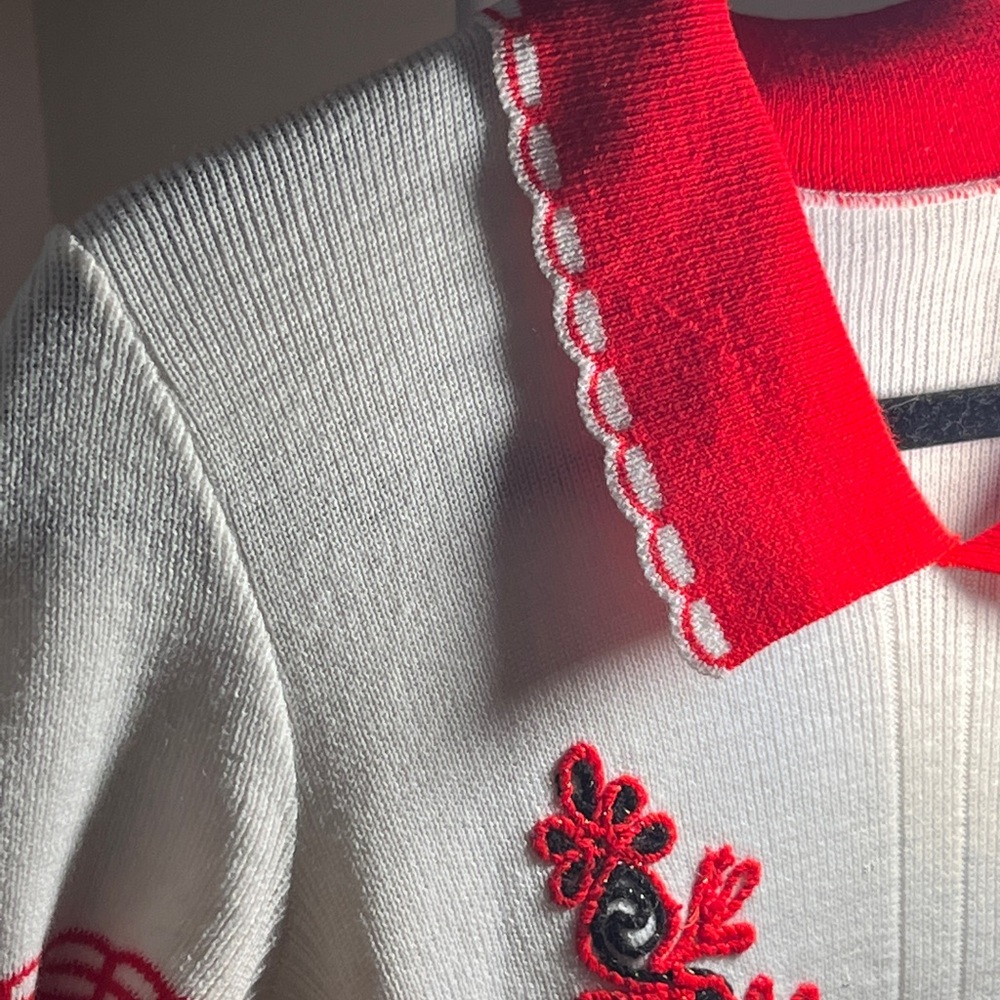 Red and White Embroidered Collar Top